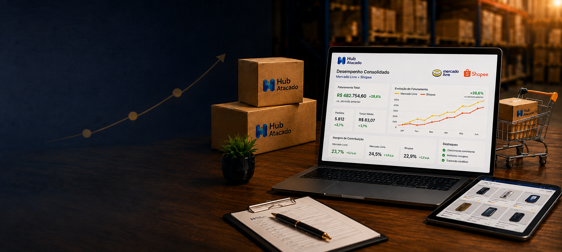 Notebook com painel de vendas, caixas Hub Atacado e carrinho de compras em um centro de distribuição